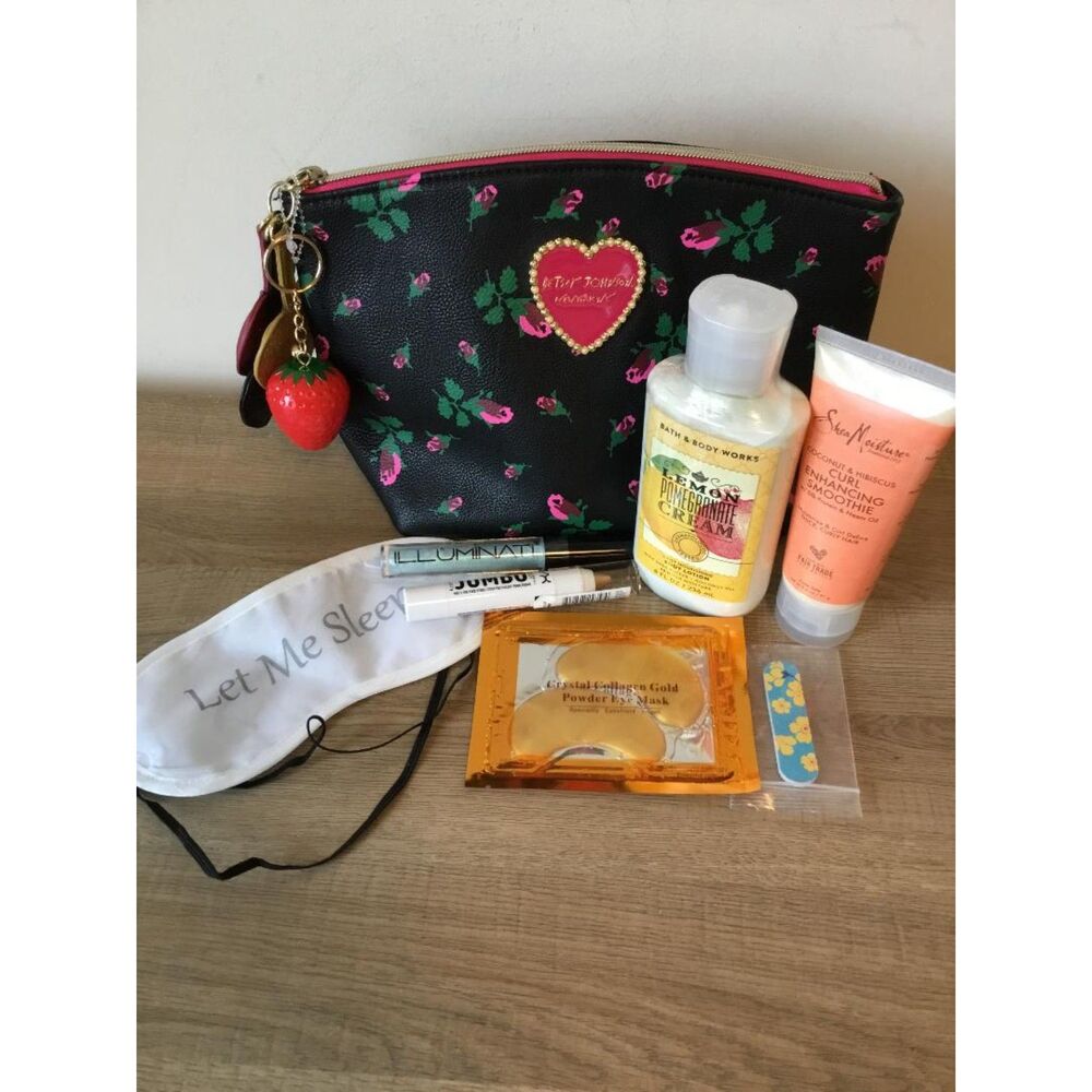 Betsey Johnson Rosebud Cosmetic Bag Makeup Pouch w/Products NWOT